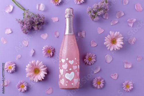 Celebrate Romance With a Pink Champagne Bottle Surrounded by Flowers and Peta...