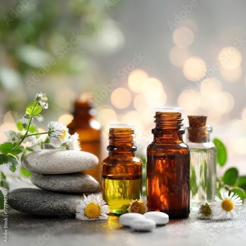 Relaxing Scene With Essential Oils, Stones, and Flowers on a Blurred Background