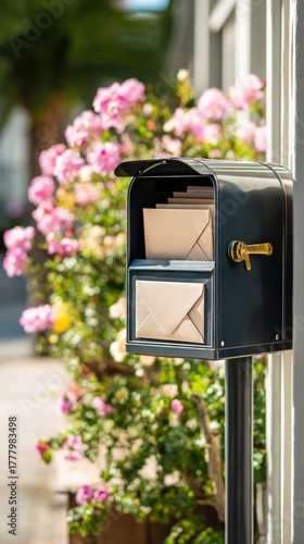 Bright Roses Surround a Classic Black Mailbox in a Serene Front Yard Setting