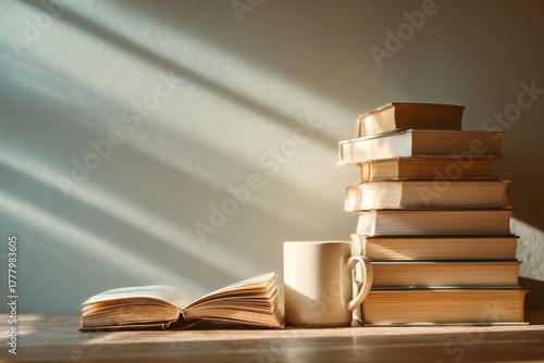 Cozy Reading Nook With Stacked Books and a Warm Cup Beside an Open Book in So...