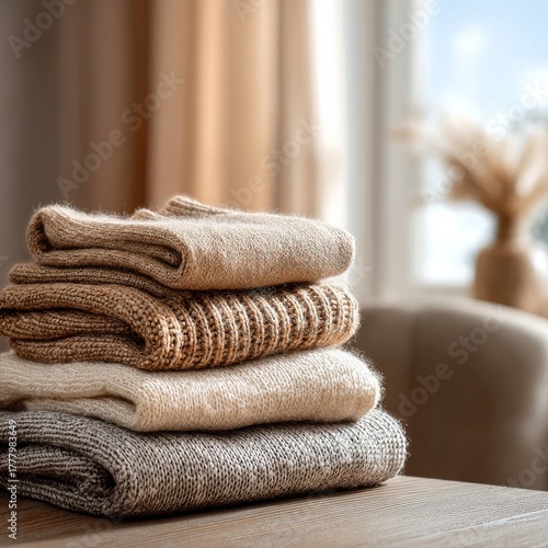 Cozy Knitted Blankets Stacked on a Wooden Table in a Sunny Living Room During...