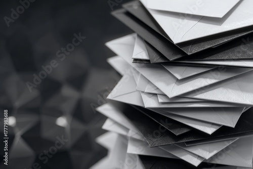 Stack of Black and White Envelopes on a Geometric Background