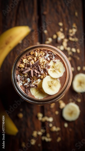 Smoothie Bowl Topped With Banana Slices, Granola, and Cacao Nibs on a Wooden ...