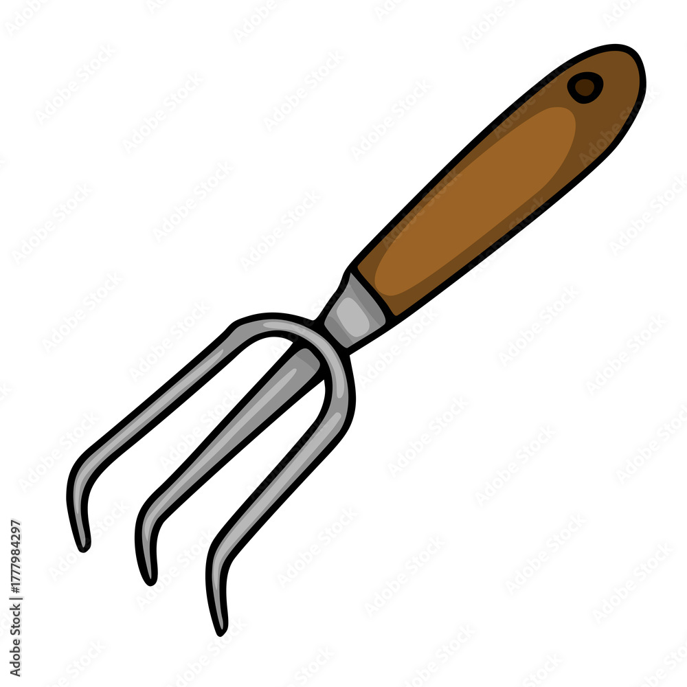 Fototapeta premium A vector illustration of a hand-held garden cultivator with a brown wooden handle and three curved metal tines, isolated on a white background.