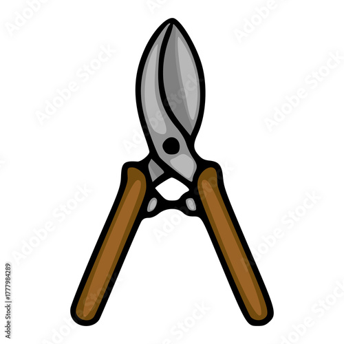 Stylized vector illustration of gardening secateurs with a metallic blade and brown handles, isolated on a white background.