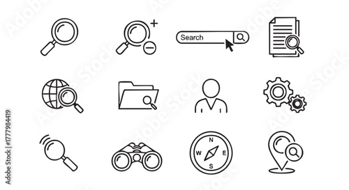 Collection of search related line art icons representing investigation research