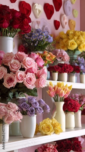 Colorful Flower Display With Roses and Tulips in a Bright Shop Setting