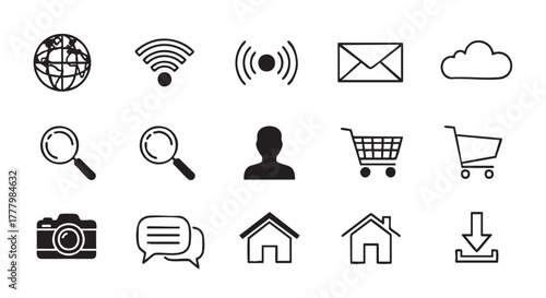 Collection of social media communication and technology icons in black and white