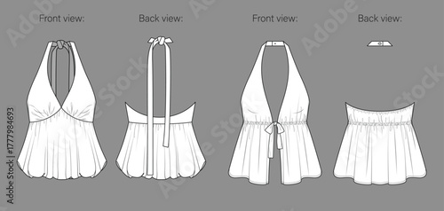 Vector sleeveless halter neck top fashion CAD, summer woman tank top with frills and shoulder straps technical drawing, template, sketch, flat. Woven fabric blouse flat, front, back view, white color