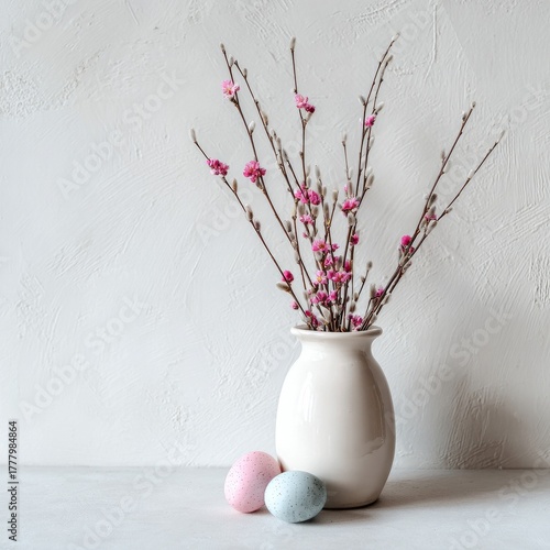 Decorated Branches With Pink Flowers and Pastel Eggs for Spring Celebration a...