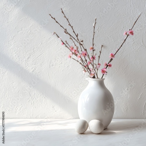 Elegant Spring Floral Arrangement With Pastel Eggs on a Soft Background
