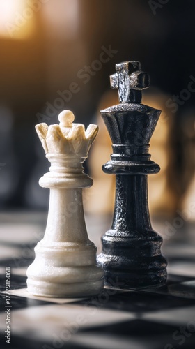 Chess Pieces in Close-Up View During Sunset With a City Skyline Background