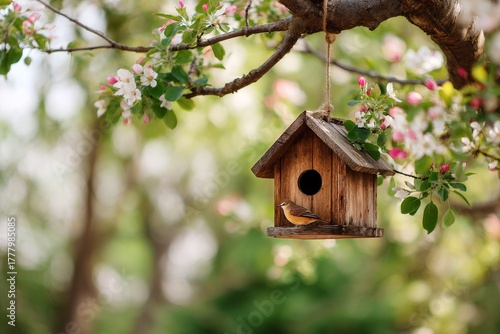 Bird Rests on a Wooden Birdhouse Surrounded by Blooming Flowers in a Peaceful...
