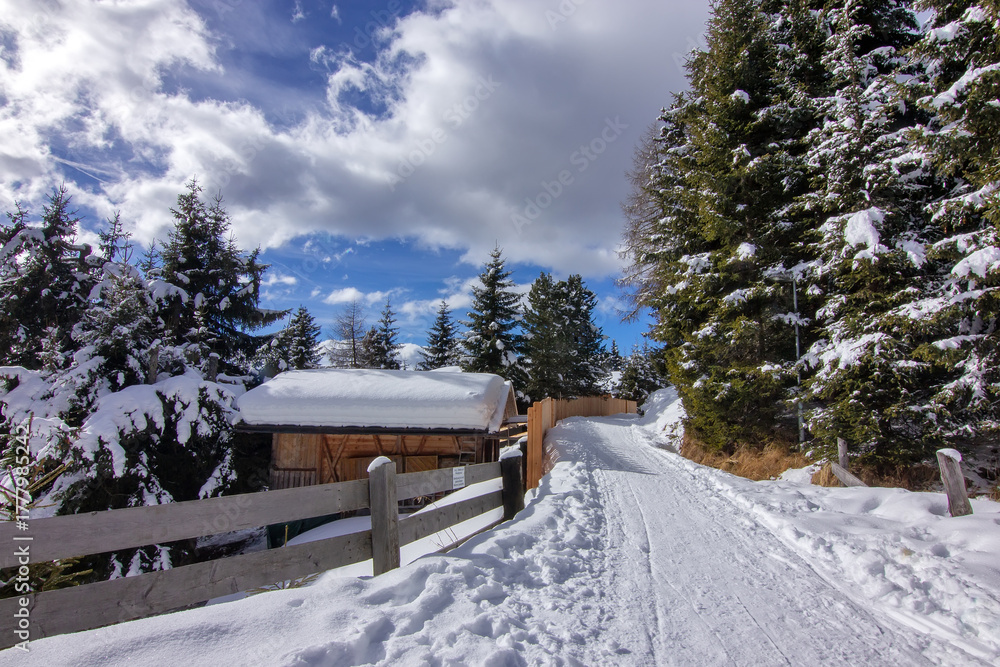 custom made wallpaper toronto digitaltraditional wooden chalet or cabin nestled on a snowy slope, in the Austrian Alps