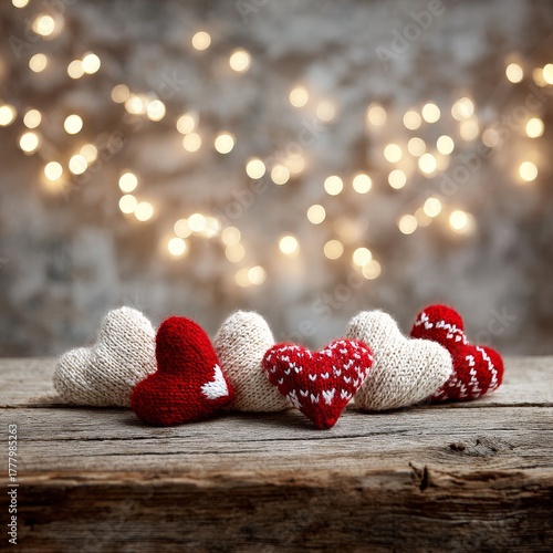 Handcrafted Knitted Hearts on a Wooden Table With Lights in the Background