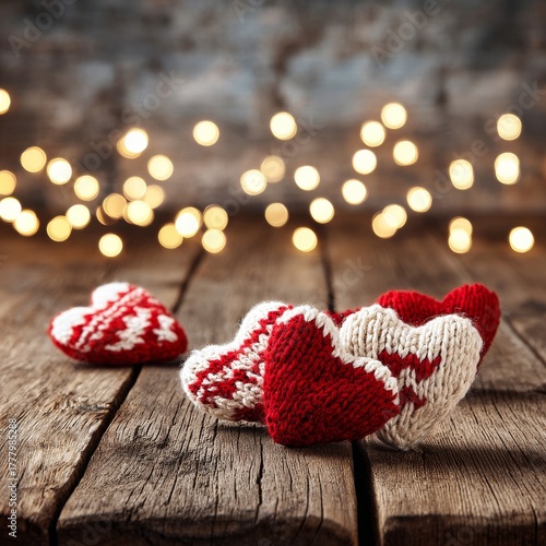 Knitted Hearts on Wooden Surface With Warm Bokeh Lights in Background for a C...
