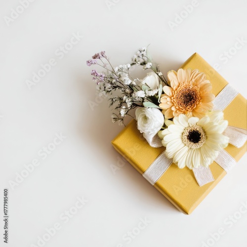 Elegant Yellow Gift Box With Flowers on Top Sits on a Light Surface