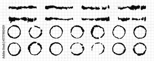  line brush  hand drawn ink paint strokes and circles on squared paper