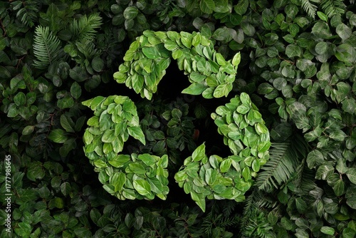 Leafy Recycling Symbol Among Lush Green Plants in a Vibrant Garden Setting