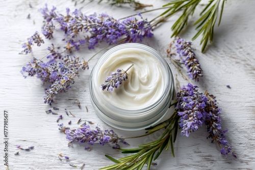 Lavender Cream Surrounded by Fresh Lavender Flowers on a Wooden Surface