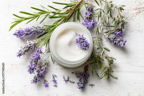 Lavender Cream Surrounded by Fresh Lavender and Rosemary on a Wooden Surface