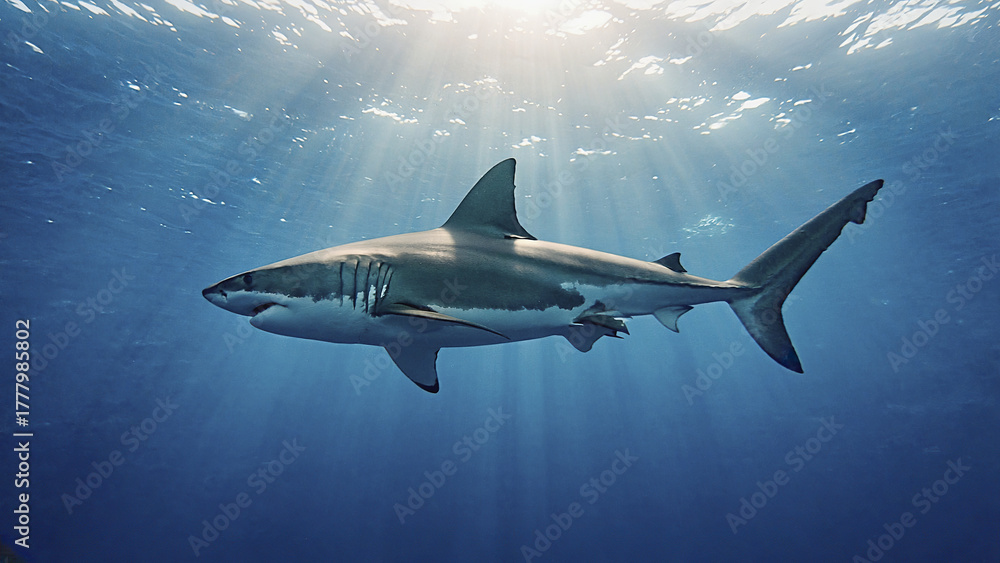 Obraz premium Shark swimming underwater with sunlight rays penetrating deep ocean water, showcasing sleek body and powerful fins in serene marine environment