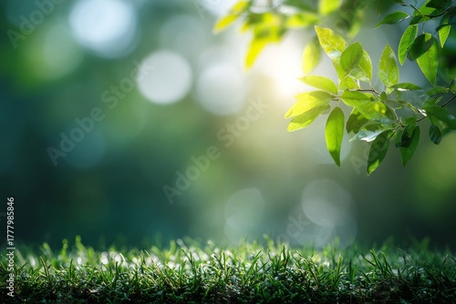 Sunlight Filters Through Leaves Over Lush Green Grass in a Peaceful Outdoor S...