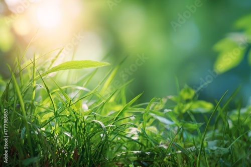 Sunlight Filters Through Leaves Over Lush Green Grass in a Peaceful Outdoor S...