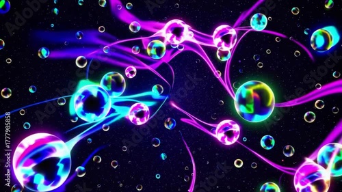 Vibrant Abstract Illustration of Colorful Bubbles and Light Trails in a Cosmic Space Setting