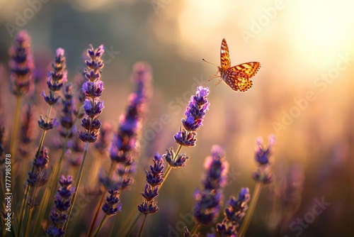 Butterfly Hovering Over Blooming Lavender Flowers at Sunset in a Fragrant Garden