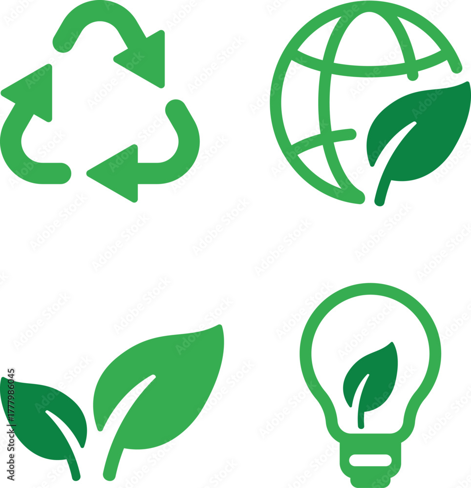 Obraz premium Collection of green eco-friendly and sustainability icons. Clean environment, nature, and renewable energy symbols including leaf, recycle, and earth icons. Modern minimal vector illustration