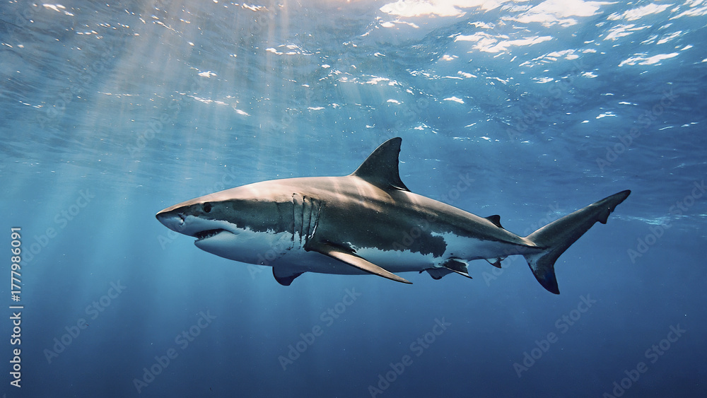 Fototapeta premium Great white shark swimming in clear blue ocean water with sunlight rays penetrating surface, showcasing sleek body and powerful fins in calm underwater scene