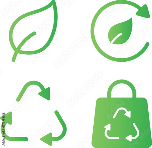 Collection of green eco-friendly and sustainability icons. Clean environment, nature, and renewable energy symbols including leaf, recycle, and earth icons. Modern minimal vector illustration