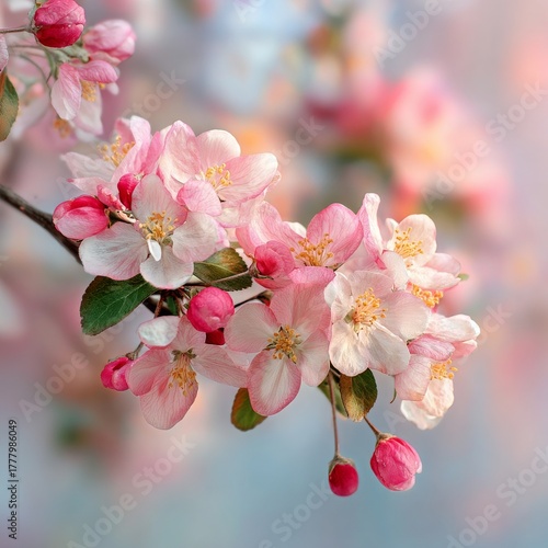 Blossoming Pink Flowers on a Tree Branch Showcasing Spring Beauty in a Serene...
