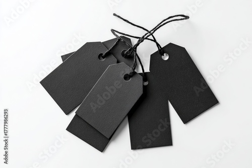 Five Blank Black Tags Arranged Neatly on a Light Surface for Labeling and Org...