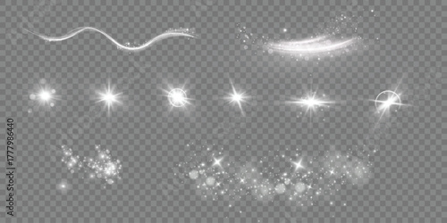 Set of lighting effects. Wind glare, explosions, dust, lines, sun glare, sparks, sparkles, stars, curved curls. Glowing light with special effect