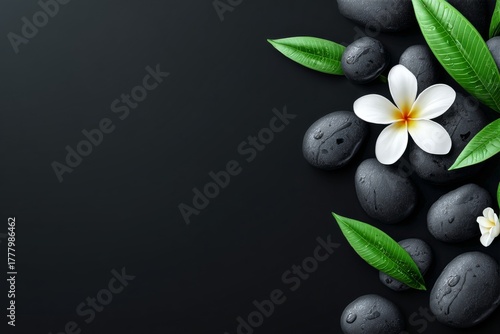 Relaxing Spa Scene With Black Stones, Green Leaves, and White Flowers on a Da...