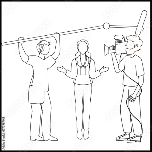 Media production team at work. Broadcasting,  podcast concept. Reporter, cameraman and host in a studio. Vector illustration of filming crew and live streaming