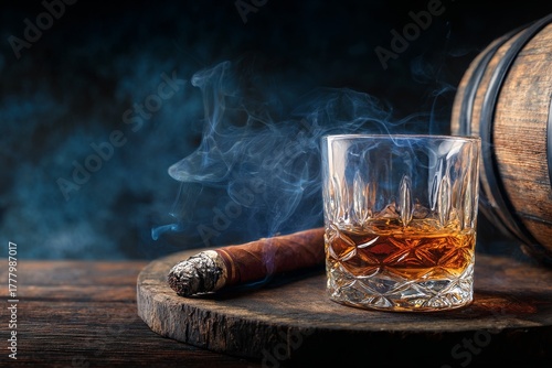 Rich Whiskey and Cigar Beside an Oak Barrel in a Dimly Lit Setting