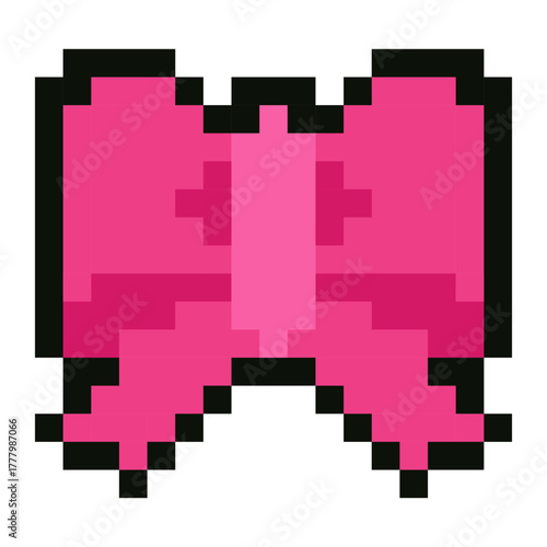 Bright pink pixel art bow in retro 8 bit style. Perfect for greeting cards, Valentines Day visuals, kawaii aesthetics, feminine branding, mobile app icons, pixel fashion games or festive design