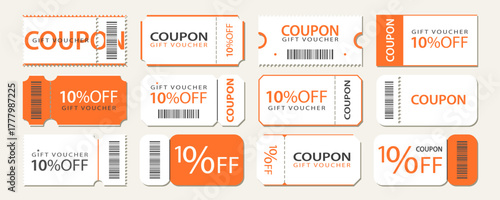 Various coupon promotion set. 10% discount, gift voucher, sale, coupon book. Vector template collection isolated