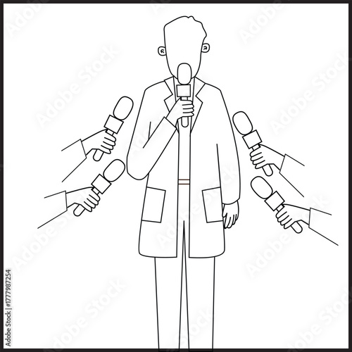 Speaker surrounded by many microphones and reporters awaiting a statement
