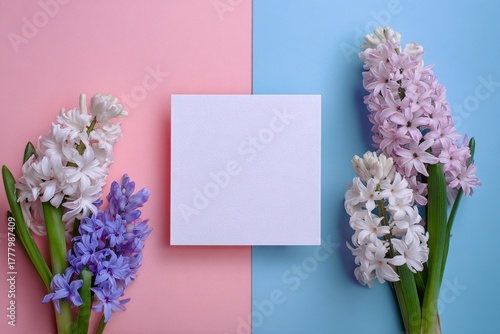 Colorful Flowers Surround a Blank Notepad on a Pink and Blue Background for C...