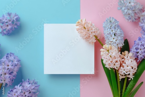Colorful Hyacinth Flowers With Blank Card on Pastel Background for Spring Dec...