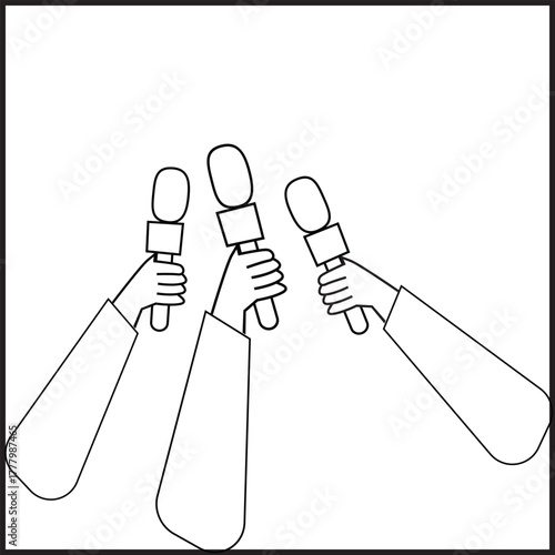 Doodle set of hands holding microphones and recorders. Journalism concept. Live news. Vector illustration of the press.