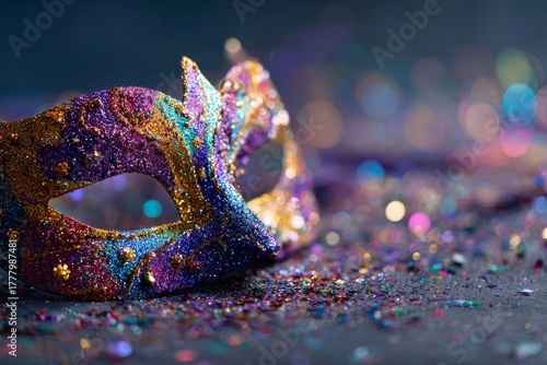 Colorful Mask on Table With Glitter Scattered All Around, Perfect for a Festi...