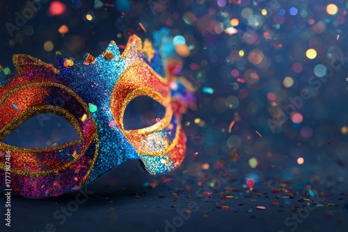 Colorful Mask on Table With Glitter Scattered All Around, Perfect for a Festi...
