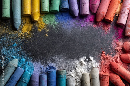 Colorful Chalks and Powders Arranged Around a Black Surface Ready for Artisti...