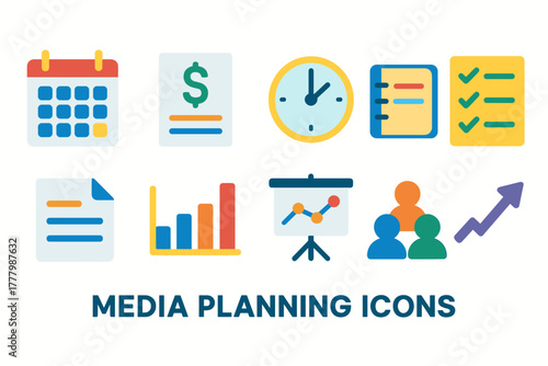 A collection of 10 colorful icons called “MEDIA PLANNING ICONS” representing various concepts, planning, and media. Each icon is designed in a combination of blue, orange, green, and purple colors.