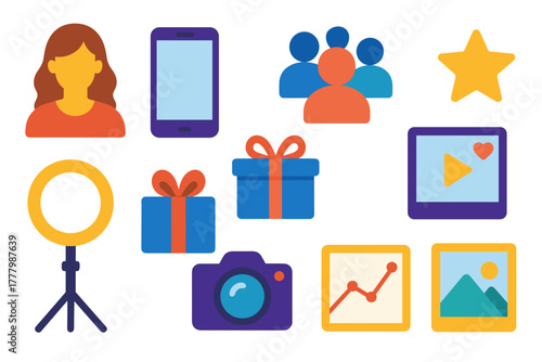 a collection of 10 colorful icons representing various social media and content creation concepts. Each icon is designed with a combination of blue, orange, yellow, and purple colors.
